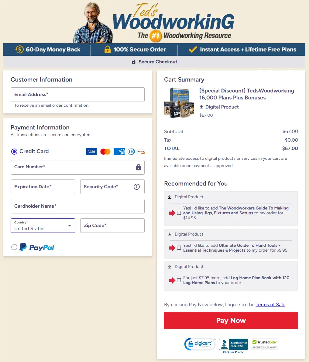 Ted’s Woodworking secure checkout page with $67 offer and 4 free bonuses